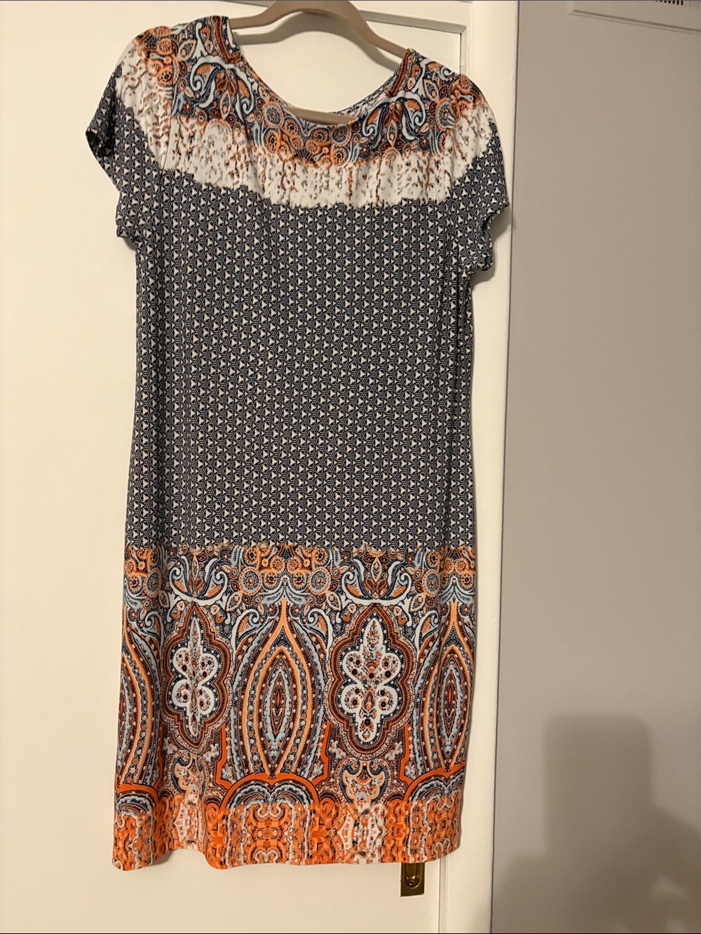 Chico's Navy, Orange and White Paisley-Panel Midi Dress